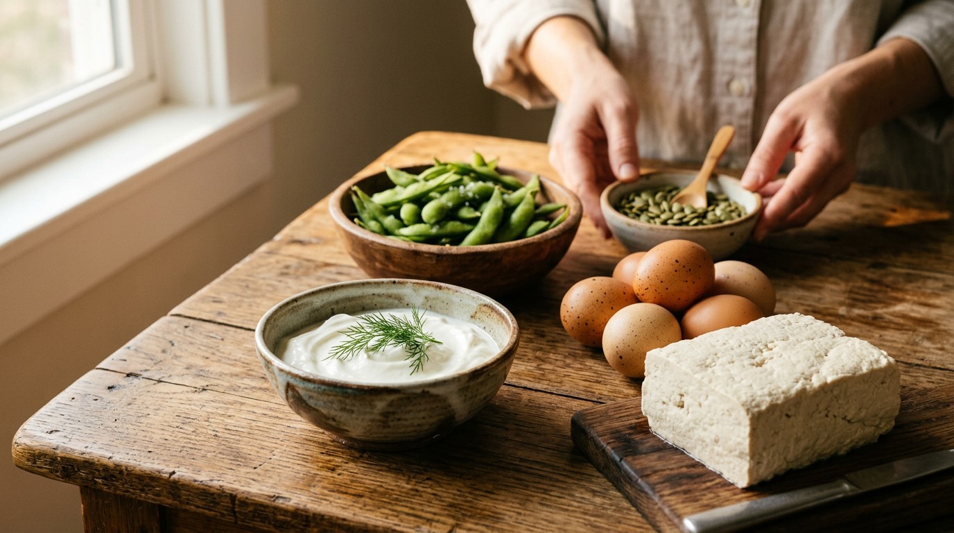 An assortment of whole foods rich in protein for muscle growth on a wooden table.