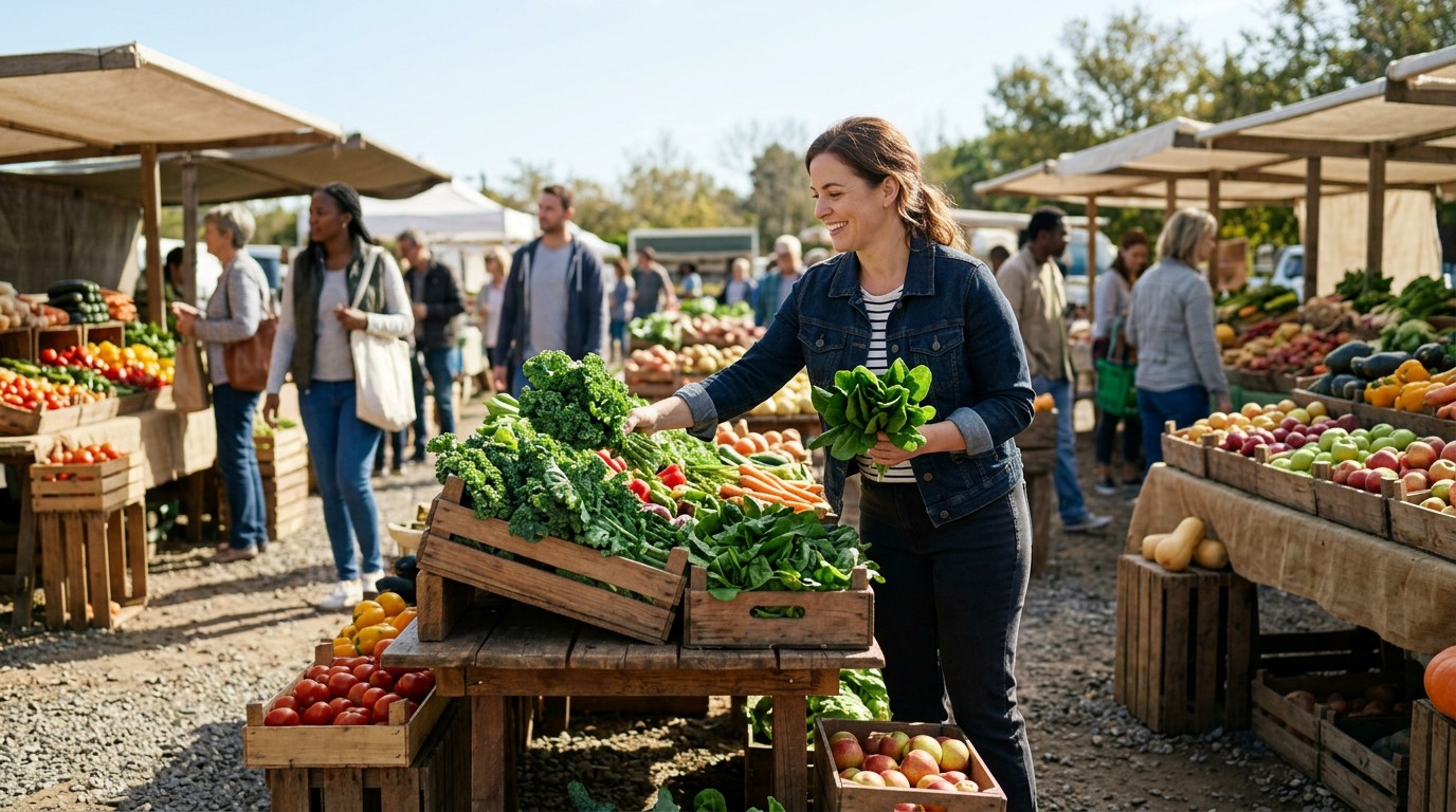A woman browsing fresh produce at a market, illustrating natural alternatives to quick weight loss methods.