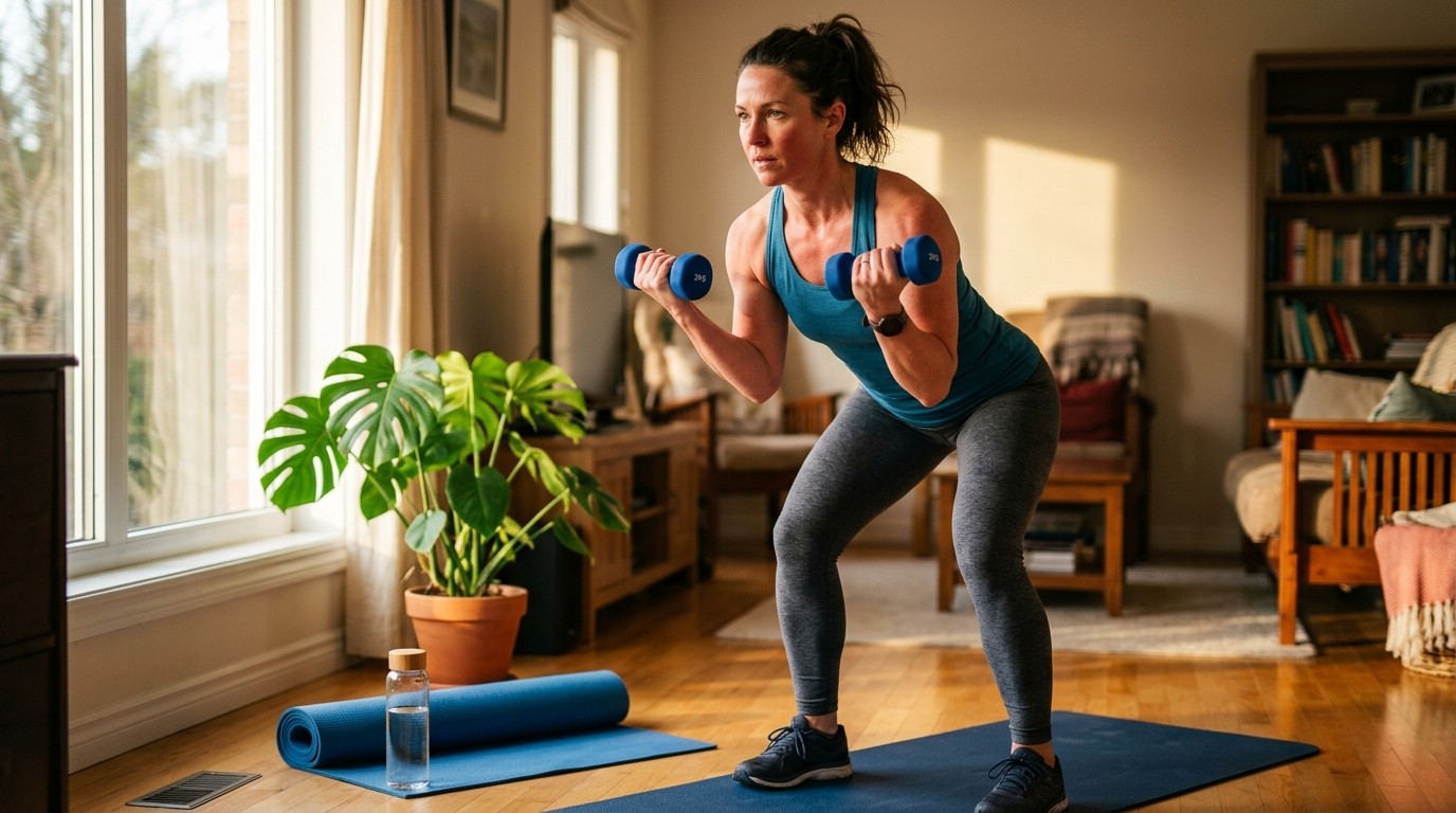 A woman lifting weights at home to preserve muscle, showing how does fasting slow metabolism.