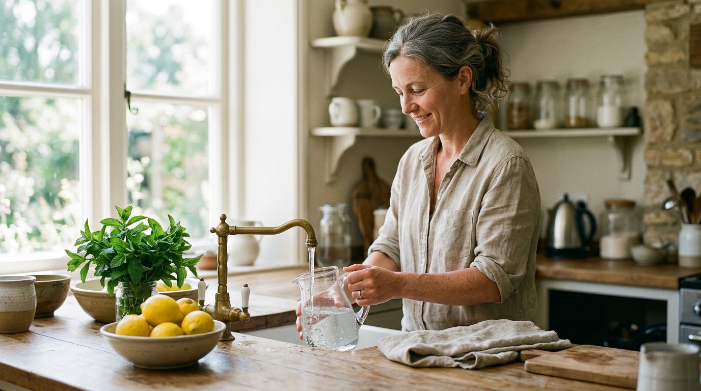 A woman fills a glass jug at a kitchen tap, the first honest step to drop water weight