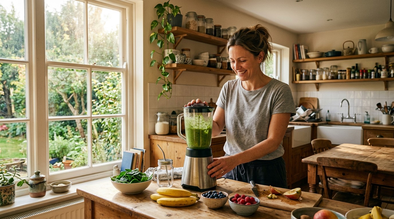 A woman preparing a fresh fruit smoothie in a bright kitchen to understand her daily bmr calculator needs.