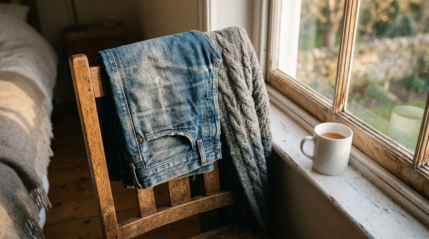 Worn jeans folded on a chair, the honest home signal when learning how to reduce subcutaneous fat.