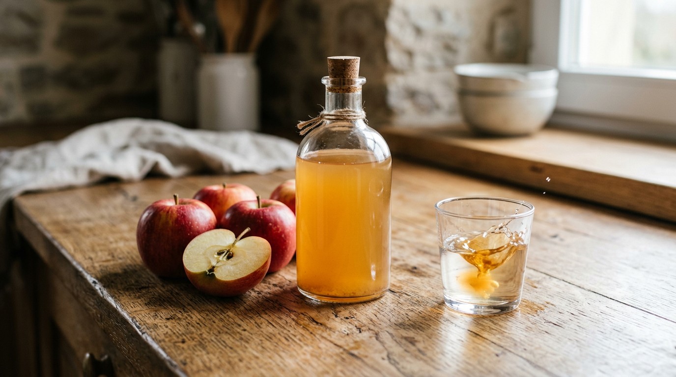 Glass bottle of apple cider vinegar beside halved apples and a diluted glass on a wooden counter