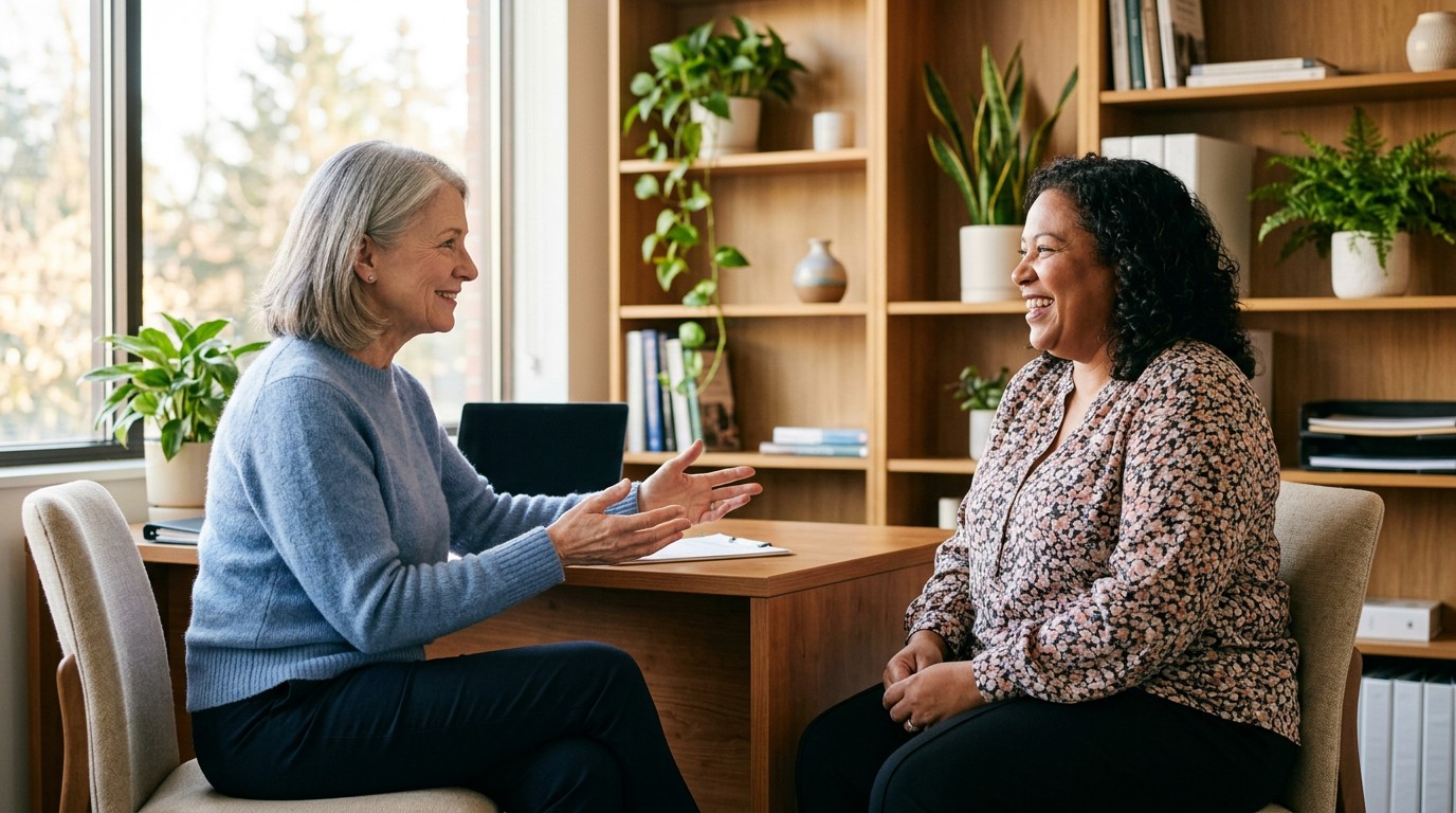 Patient and doctor talking in a bright office about how to lose weight on a treadmill safely