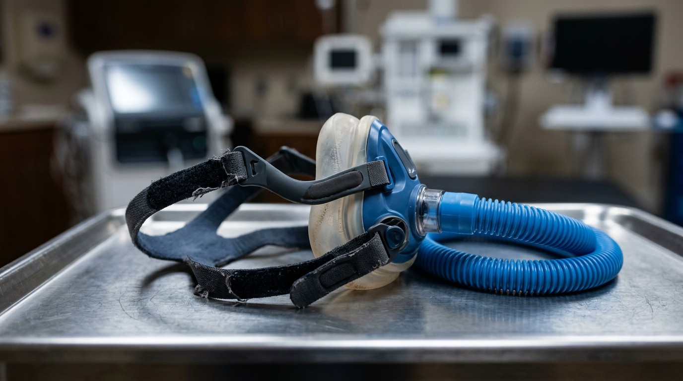 Breathing mask and tube on a steel tray, the equipment used for a resting metabolic rate test