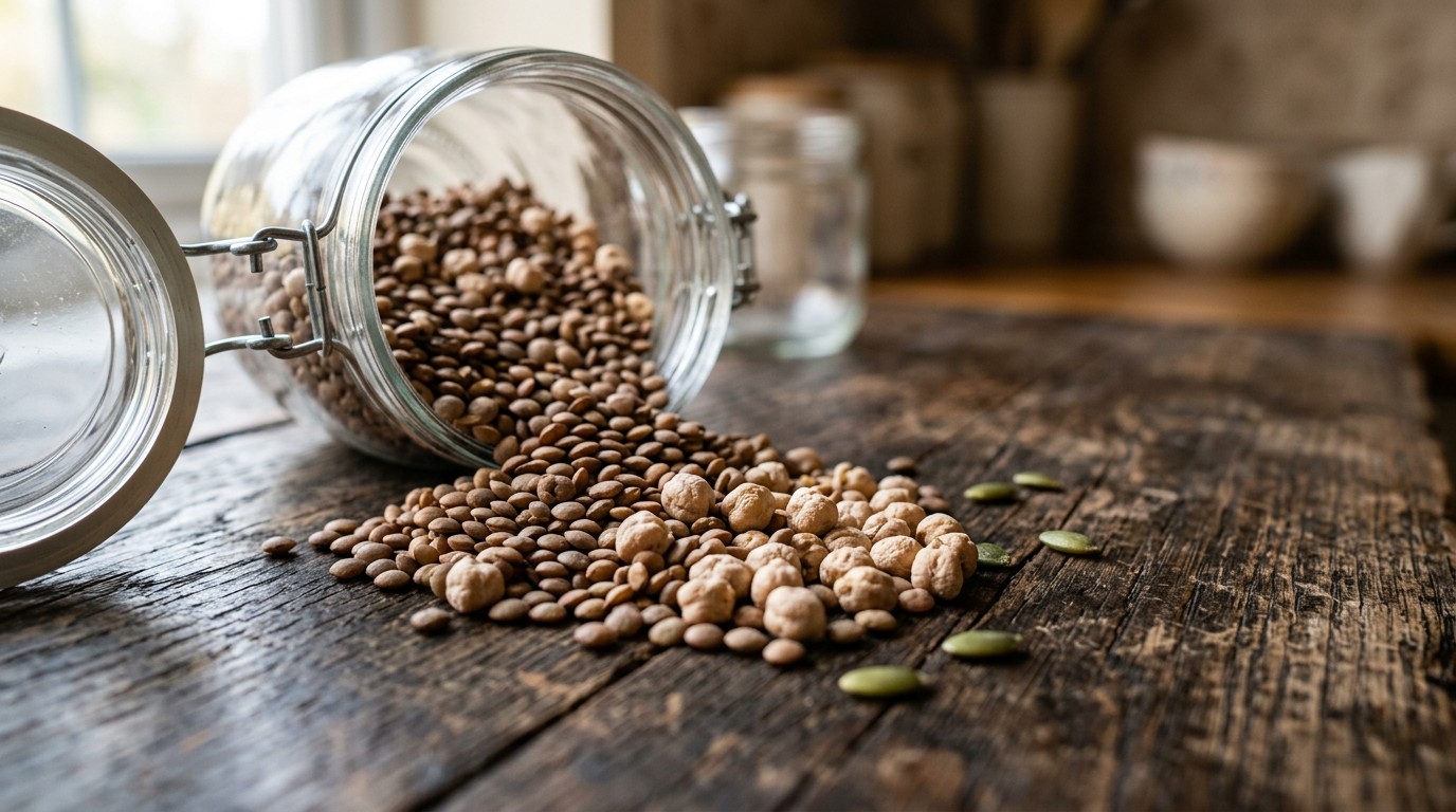 Dry lentils and chickpeas spilling from a glass jar, the pulses behind fibre rich foods for insulin resistance