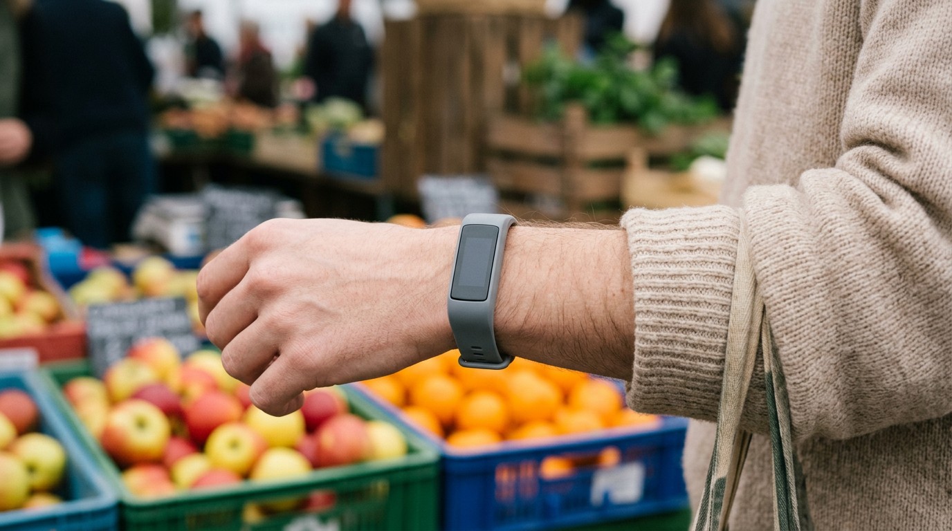 Wrist wearing a plain fitness tracker at a market; its calorie loss calculator walking estimate can run high