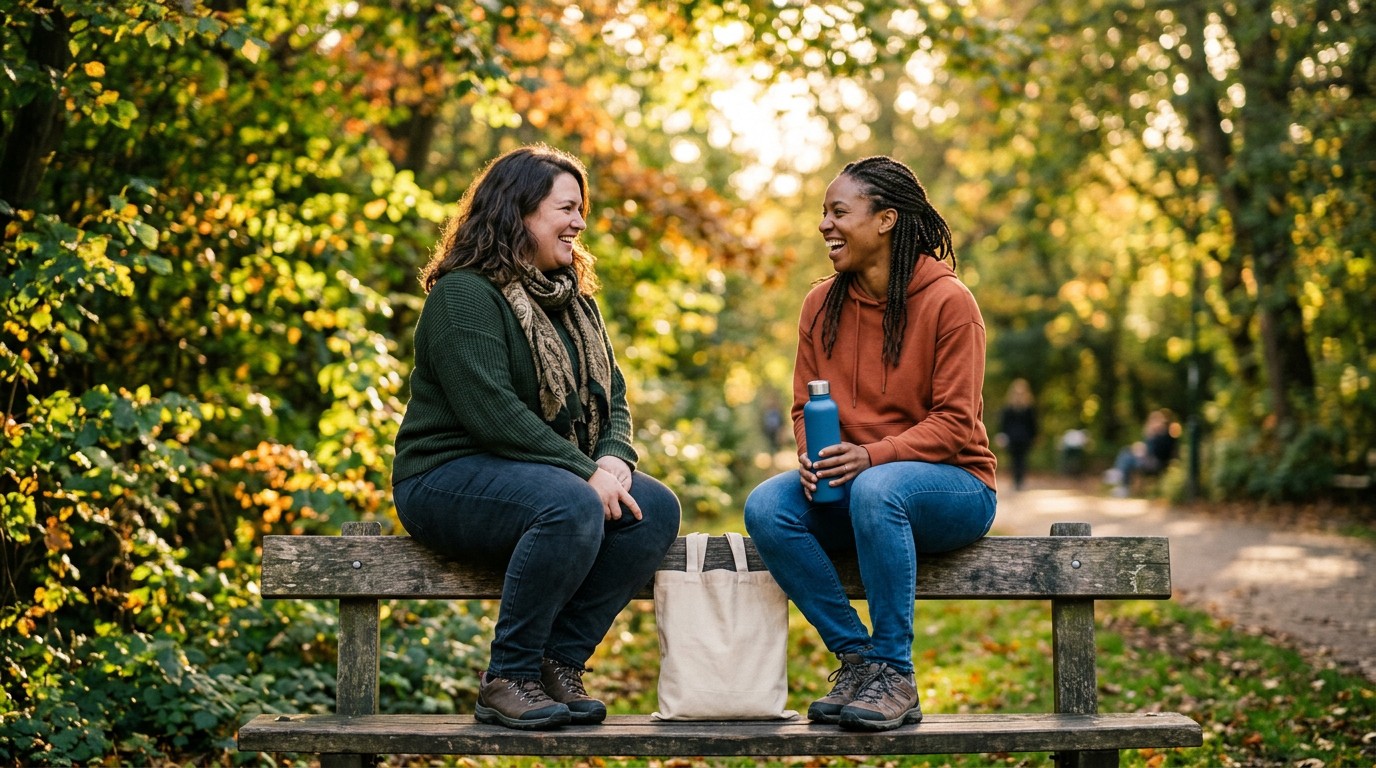 Two women talking on a park bench, swapping notes on apple cider vinegar and weight loss