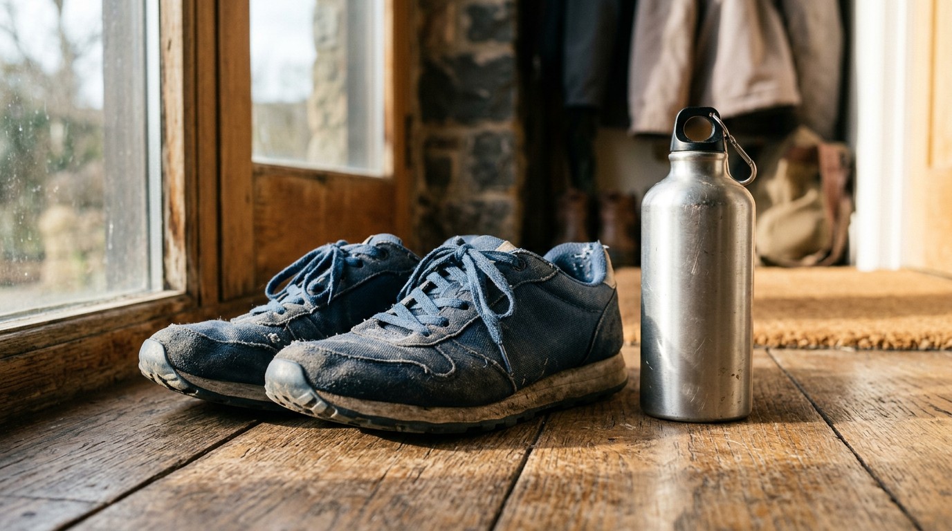 Worn walking shoes and a water bottle by a doorway, for is walking 3 miles a day good