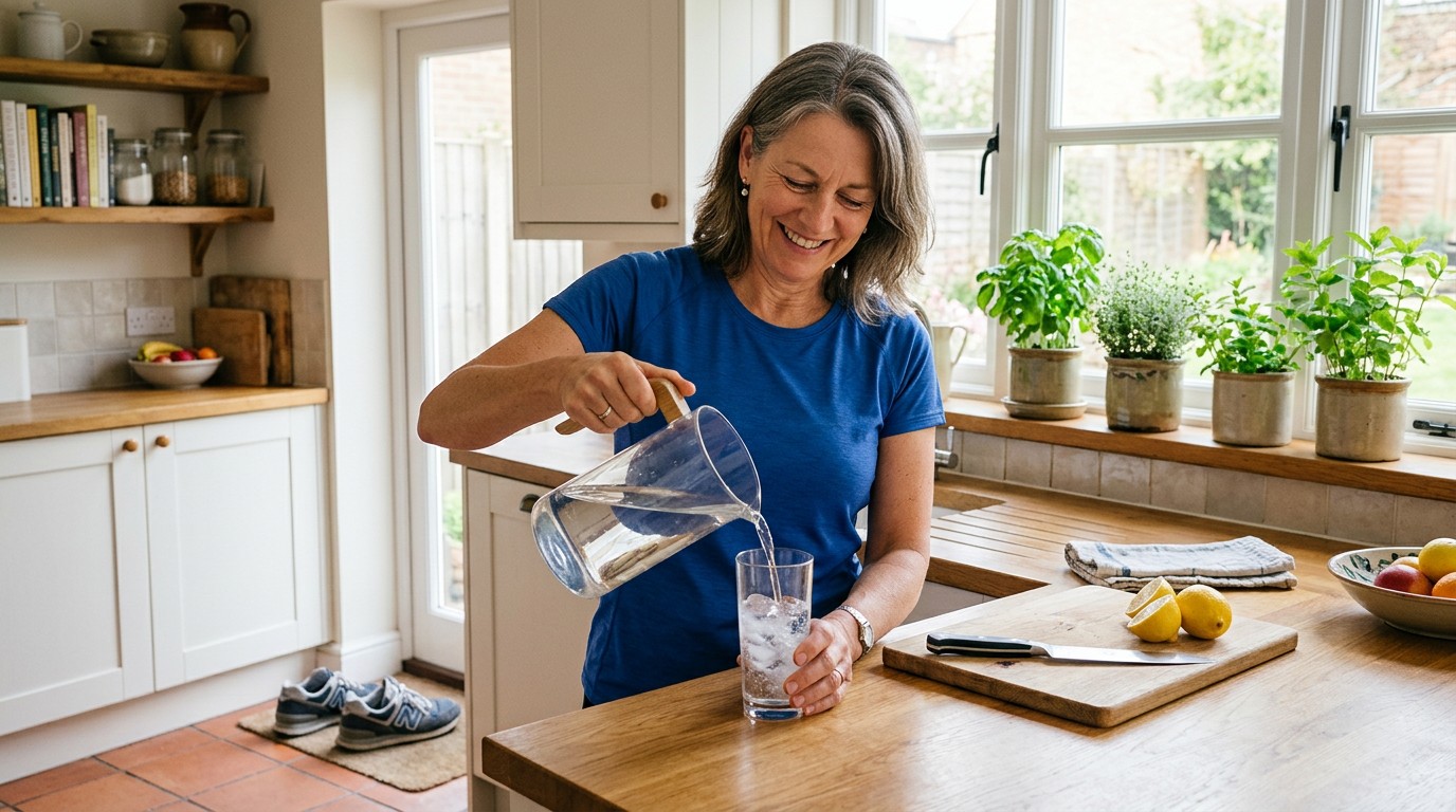 Woman pouring water in her kitchen after a walk, how many steps a day to lose weight