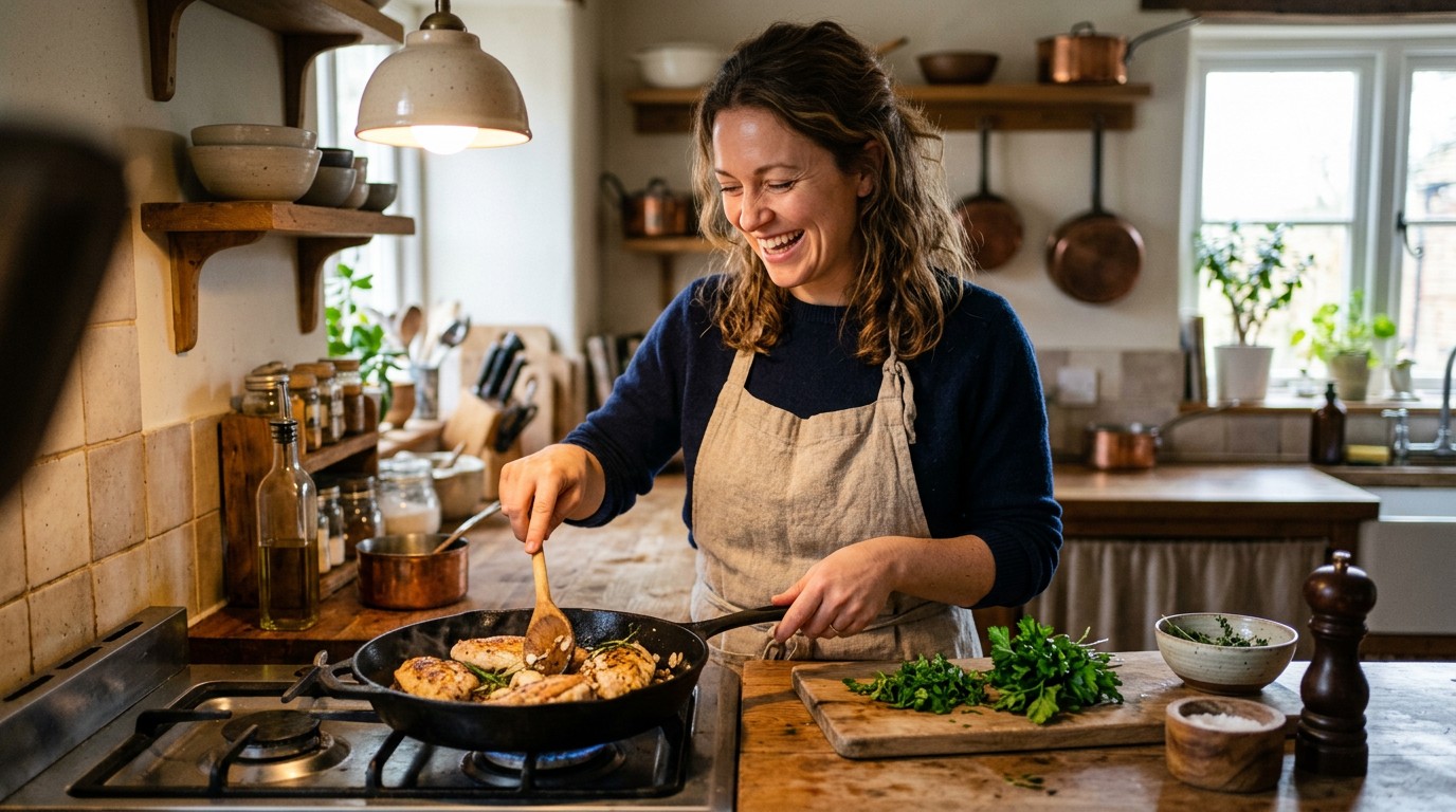 A woman prepares a healthy chicken dish, incorporating lean meats for weight loss into her routine.