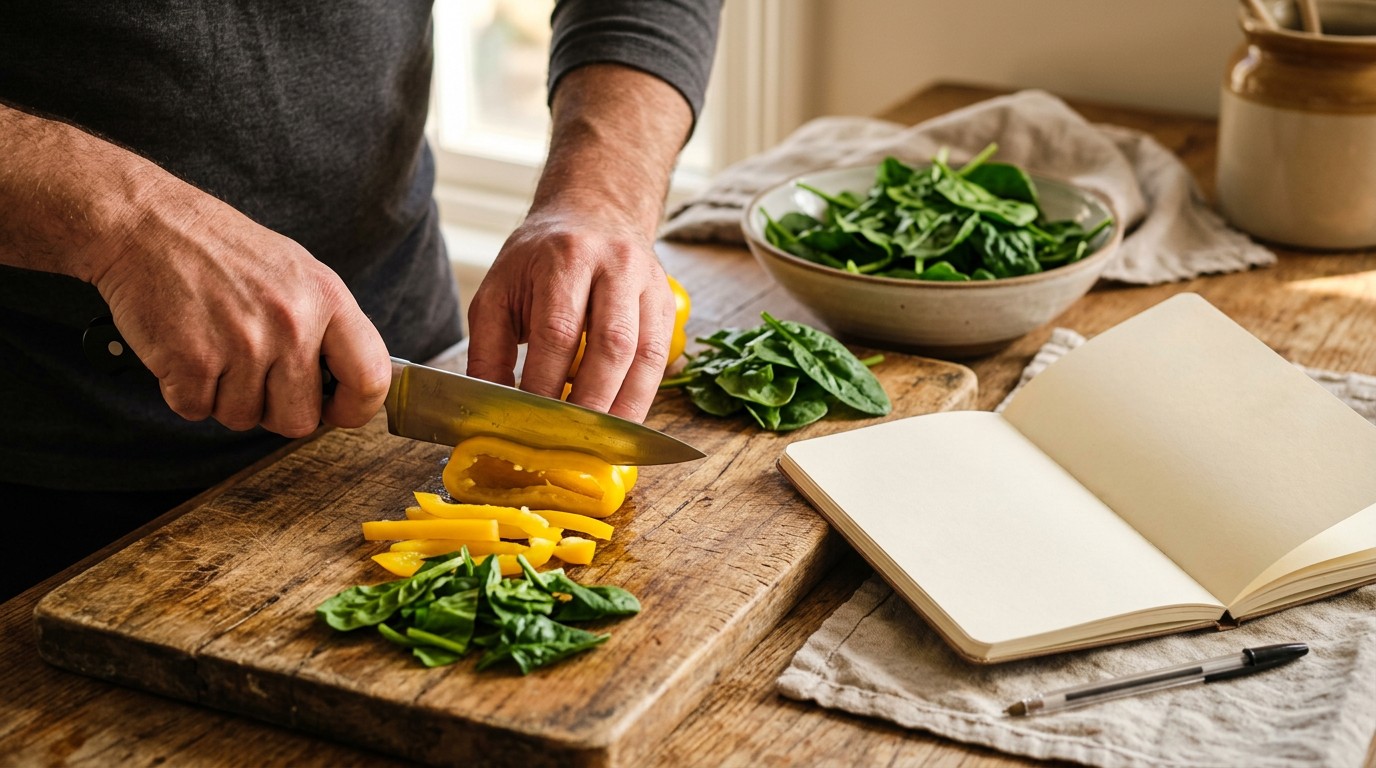 Hands slicing yellow pepper beside an open notebook, logging food when eating in a deficit and not losing weight.