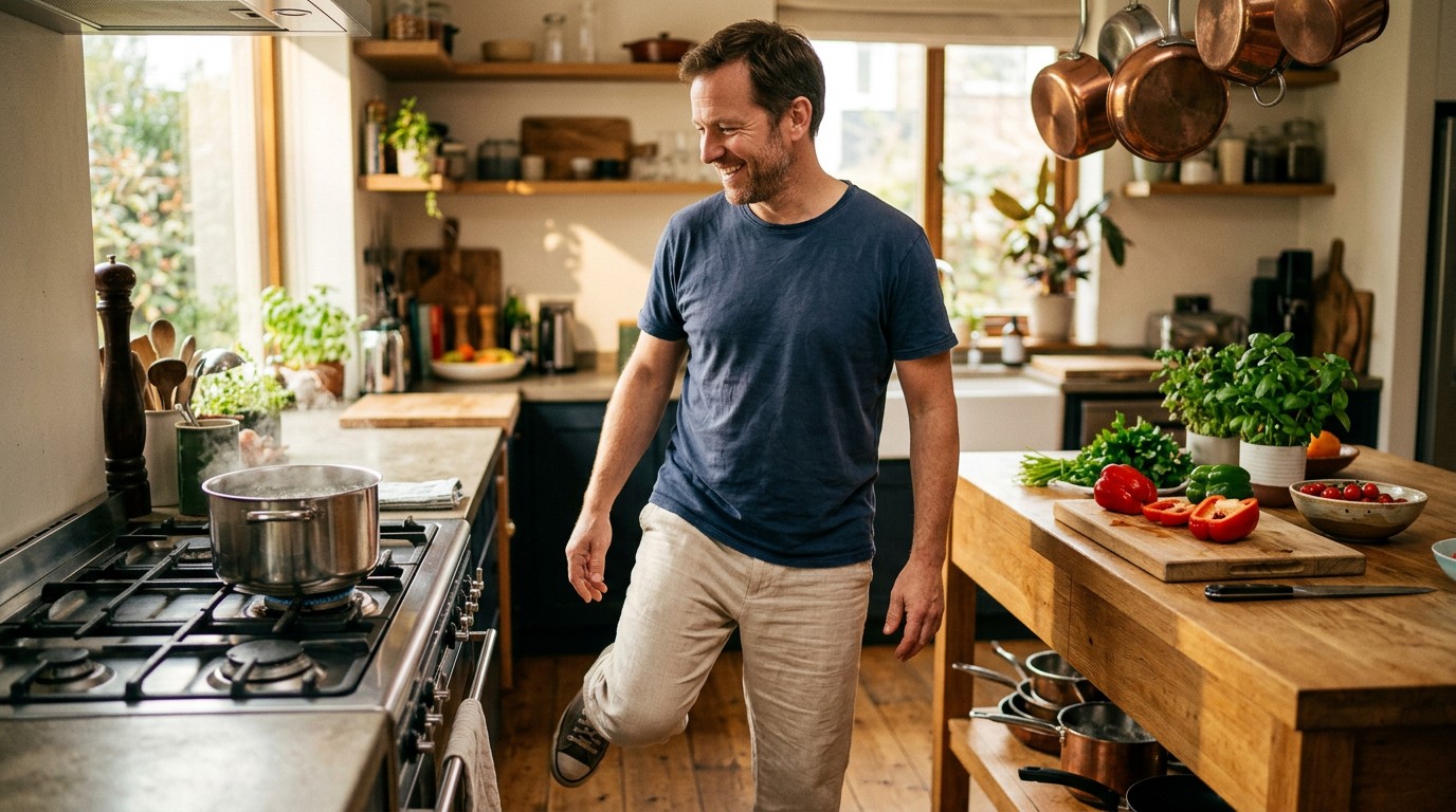Man stepping in place by the stove at home, testing does walking in place burn calories