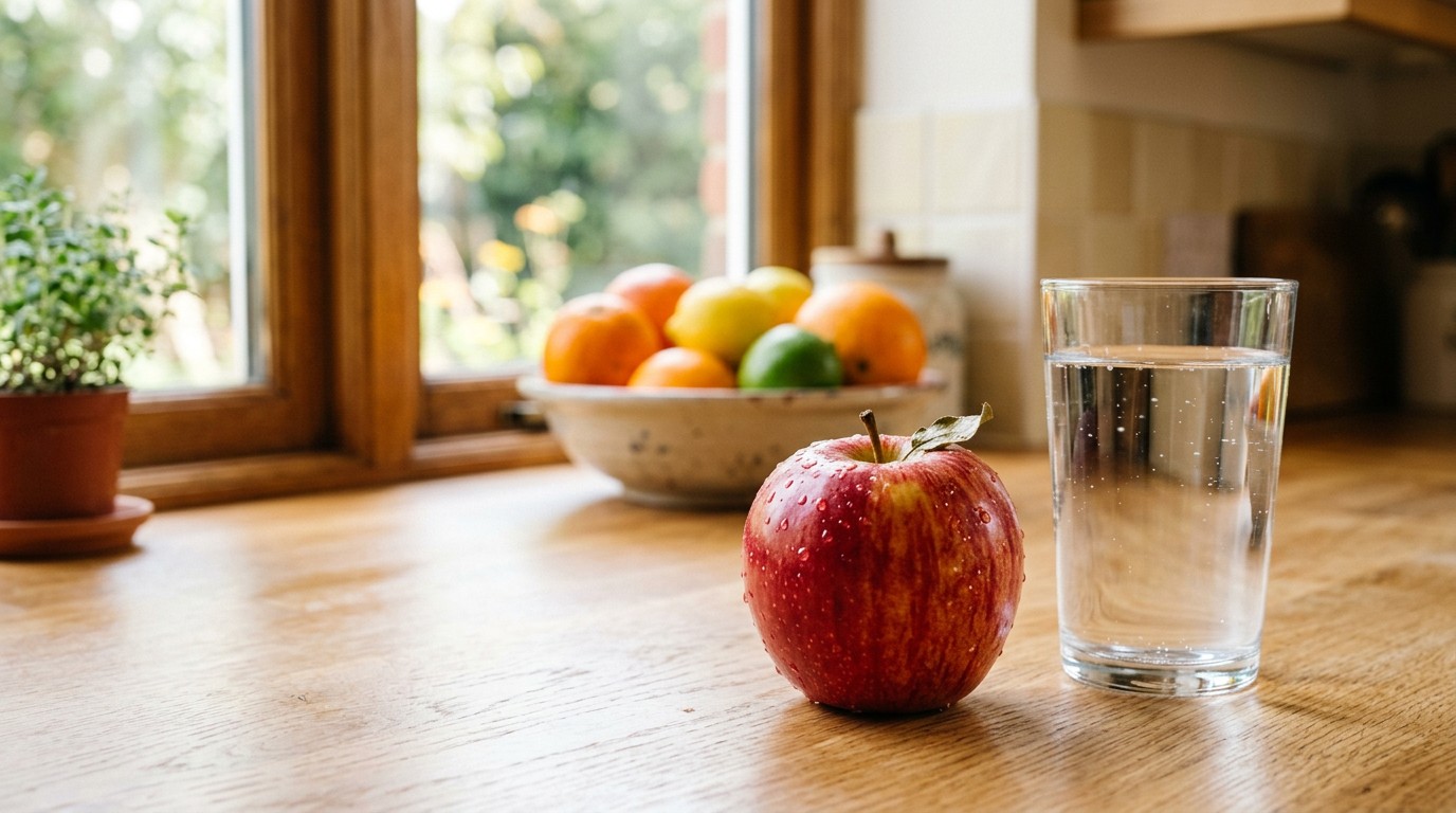 Apple and a glass of water on a kitchen counter, the eating side of how to lose weight on a treadmill