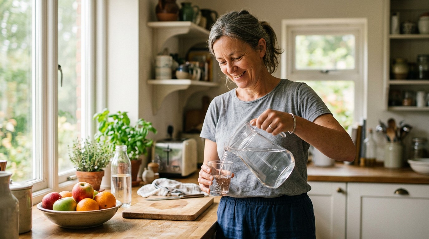 Woman pouring water in a bright kitchen beside a bowl of fruit, is walking 3 miles a day good