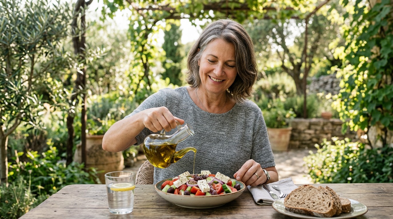 Woman pouring olive oil over a salad at a garden table, a Mediterranean take on foods for insulin resistance