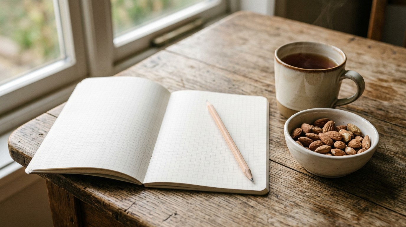Open notebook, pencil, almonds and tea on a wooden table, the food log behind a weight loss plateau