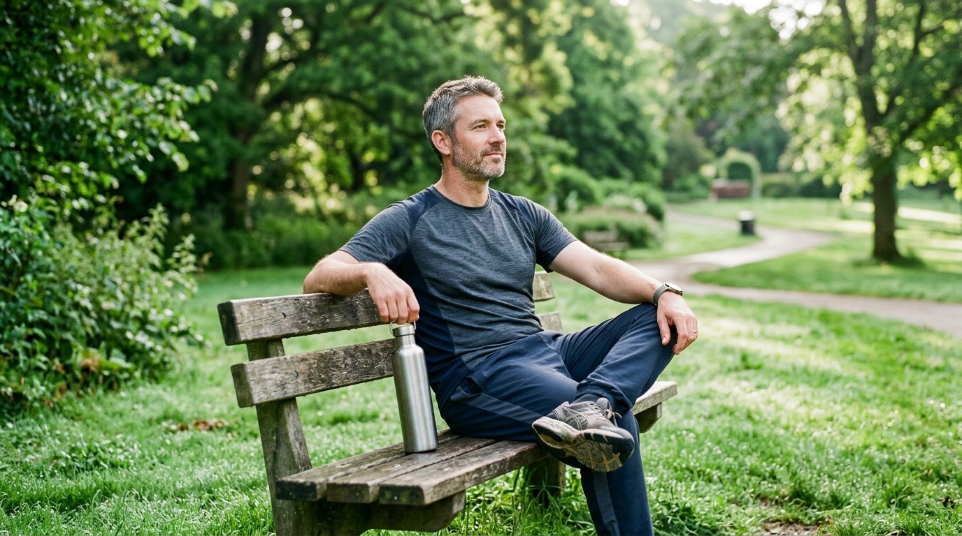 Man on a park bench with a water bottle, patient about eating in a deficit and not losing weight.