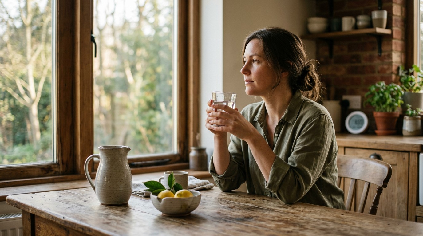 Woman holding a glass of water at a kitchen table the morning before a resting metabolic rate test