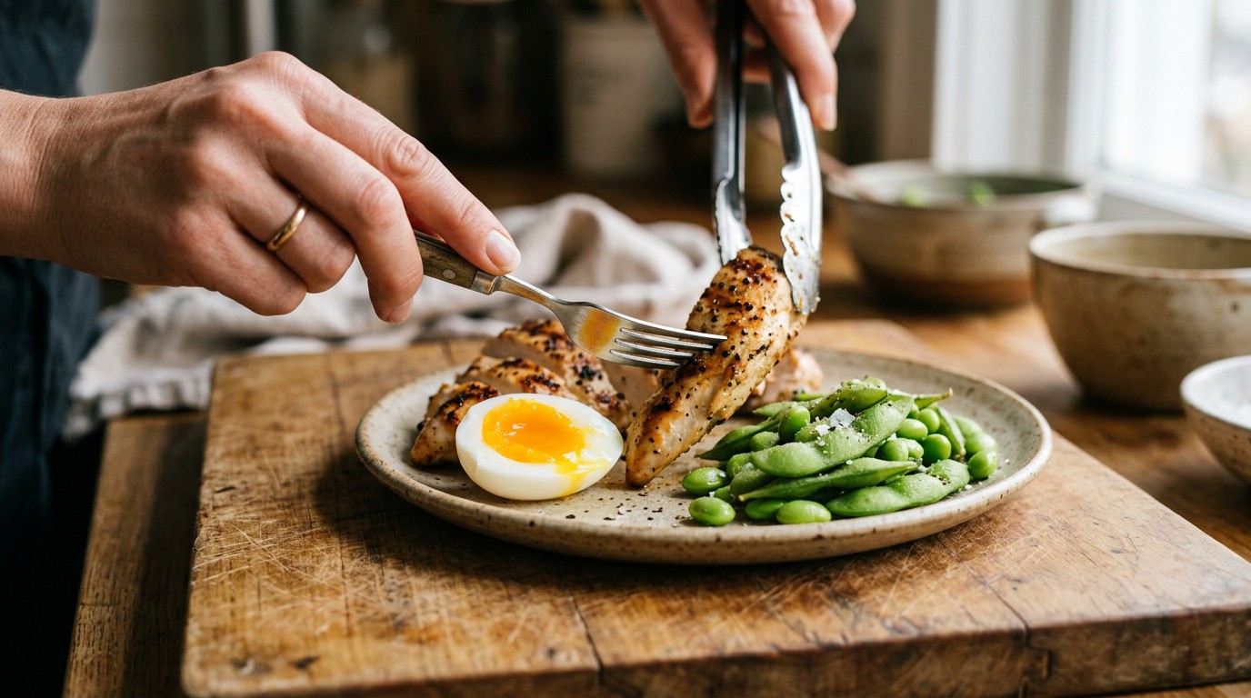 Hands plating sliced chicken, a boiled egg and edamame, a typical high protein diet for weight loss meal