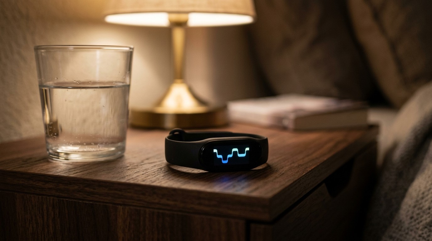 Fitness band beside a water glass on a bedside table, tracking does lack of sleep cause weight gain