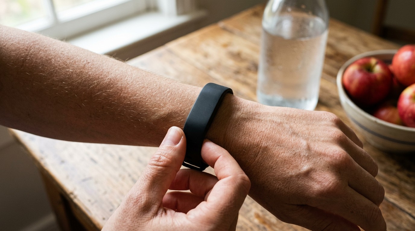 Hand fastening a plain activity band at a kitchen table, counting how many steps a day to lose weight