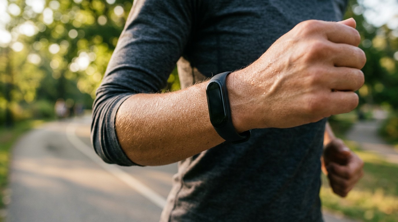 Plain fitness band on a swinging wrist, counting steps for does walking in place burn calories
