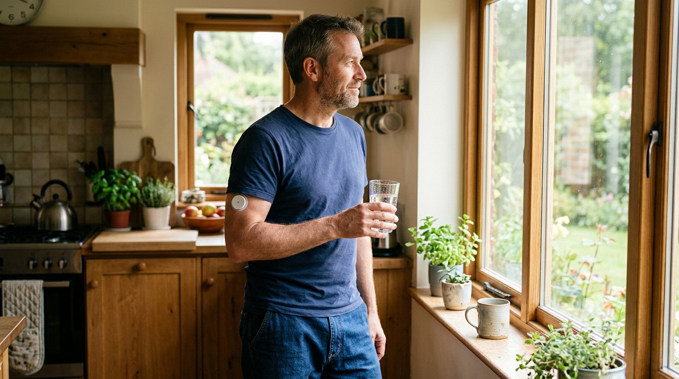 Man wearing a glucose sensor in his kitchen, testing does walking after eating help with weight loss