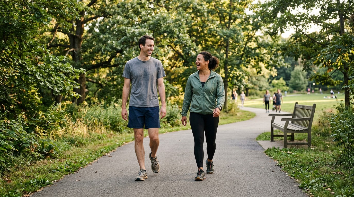 Two adults chatting on a park path, the everyday setting for how many steps a day to lose weight