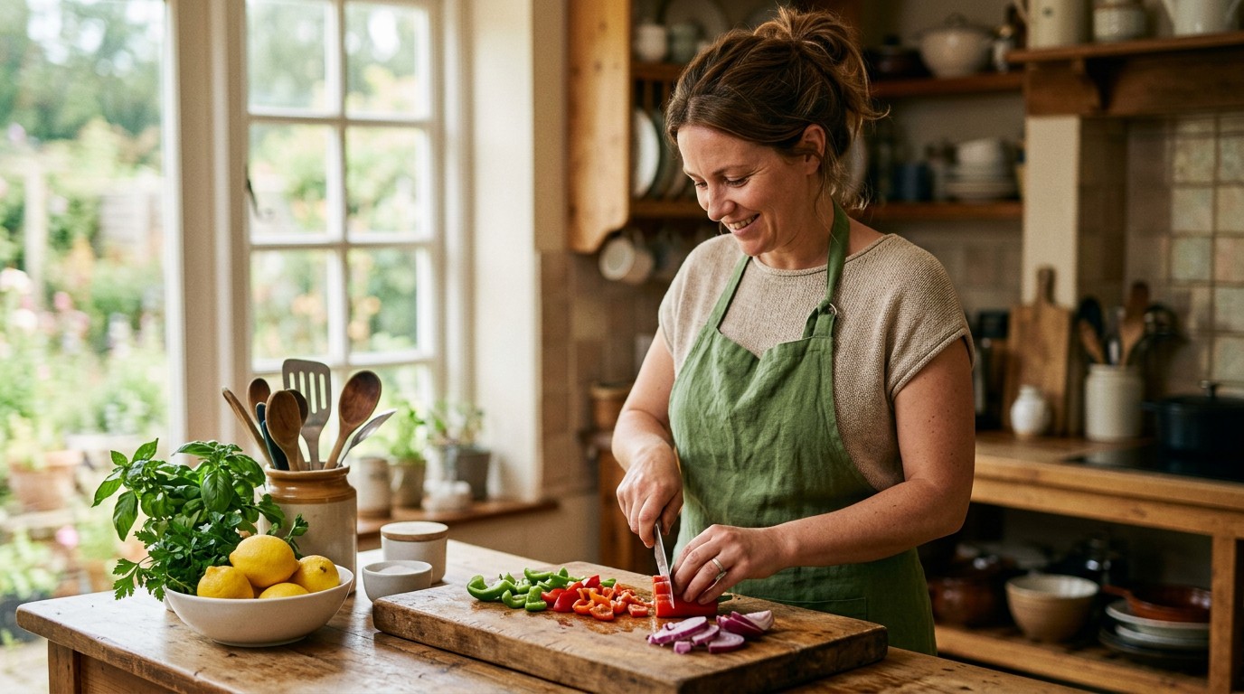 Woman chopping peppers and onions in a bright home kitchen while appetite shifts in a weight loss plateau
