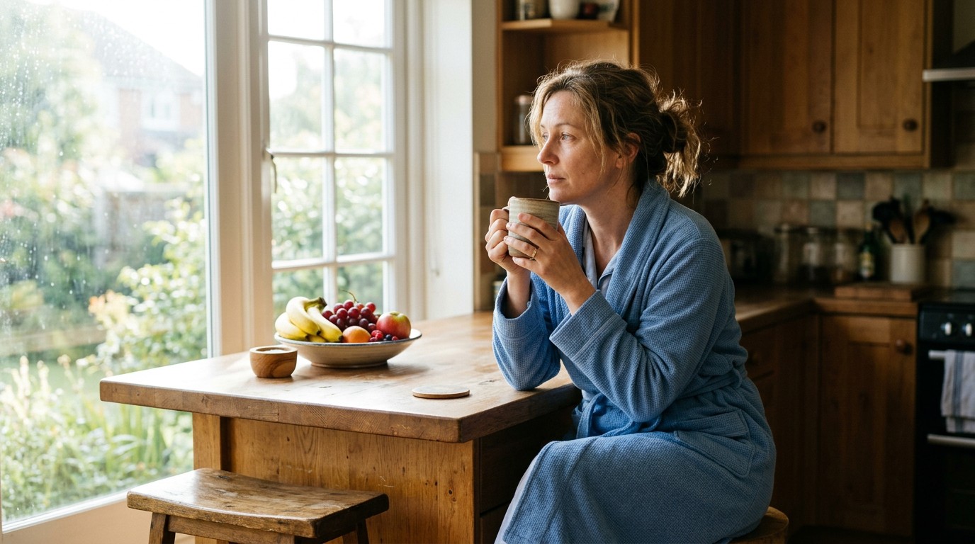 Weary woman with a mug at a kitchen window, does lack of sleep cause weight gain