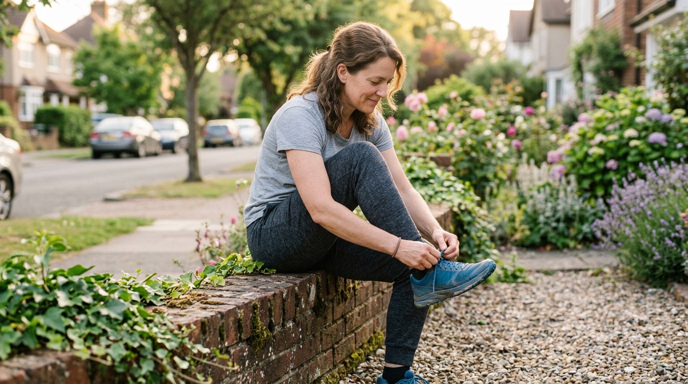 Woman tying her shoe on a garden wall, since pace sets the calorie loss calculator walking figure